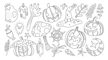 Set of isolated Halloween decoration elements in cute doodle hand-drawn graphic illustration style on transparent background, Volume 7: Black outline