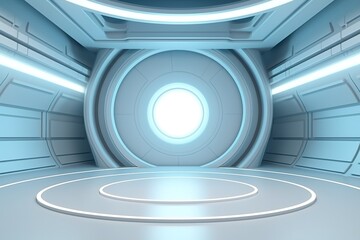 Futuristic blue and white room with glowing circle.