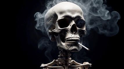 human skull exhaling thick smoke, the dark background enhancing the eerie atmosphere and reinforcing