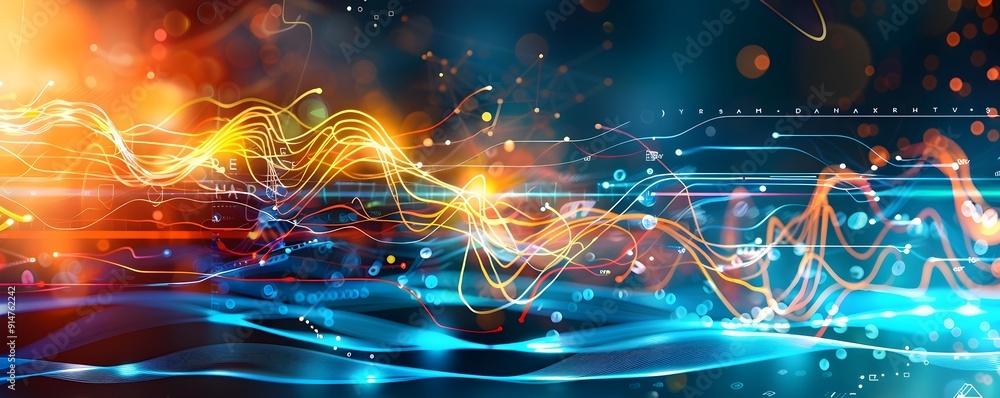 Poster abstract technology background with glowing lines and bokeh lights.