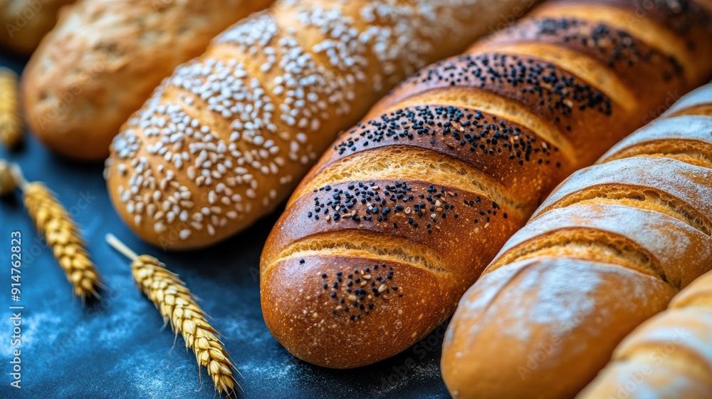 Wall mural Freshly Baked Bread with Seeds and Wheat Ears