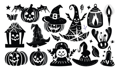 Fototapeta premium Set of isolated Halloween decoration elements in cute doodle hand-drawn graphic illustration style on transparent background, Volume 9: Black silhouette.