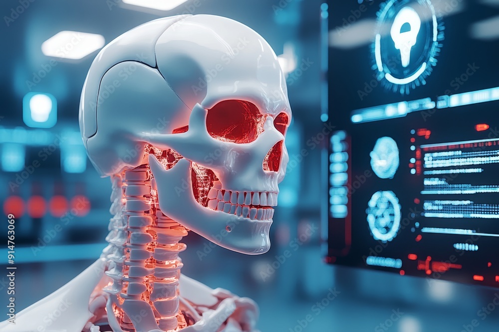 Poster digital medical interface displaying skeletal diagnostics in real time blending healthcare with ai t