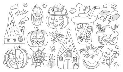Set of isolated Halloween decoration elements in cute doodle hand-drawn graphic illustration style on transparent background, Volume 10: Black outline
