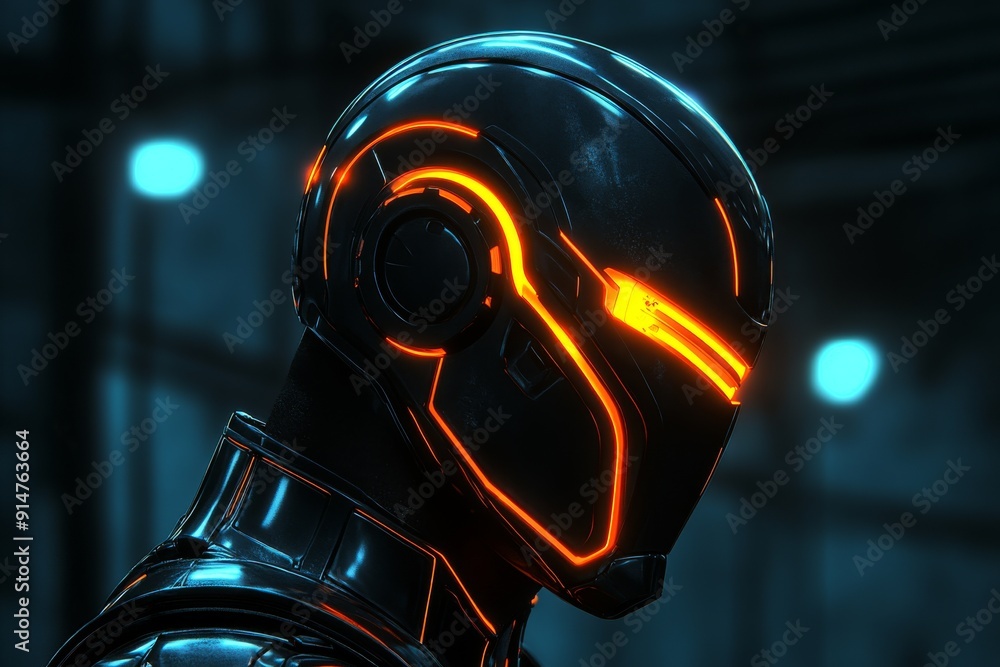 Poster cybernetic humanoid head with glowing features exploring themes of artificial intelligence and human