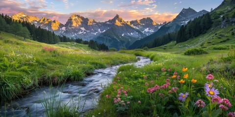 Present a tranquil scene of a lush alpine meadow bathed in the soft, golden light of sunrise.