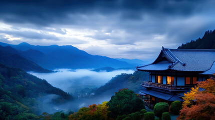 A mountain range with a foggy mist and a house in the distance. The house is surrounded by trees...