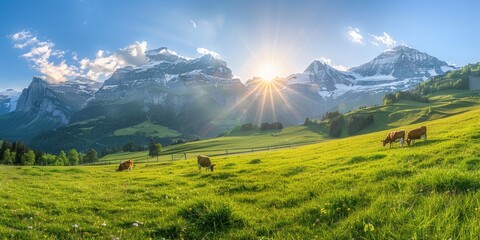Obraz premium Show an alpine pasture bathed in the soft golden light of sunrise, with cows grazing in the foreground.