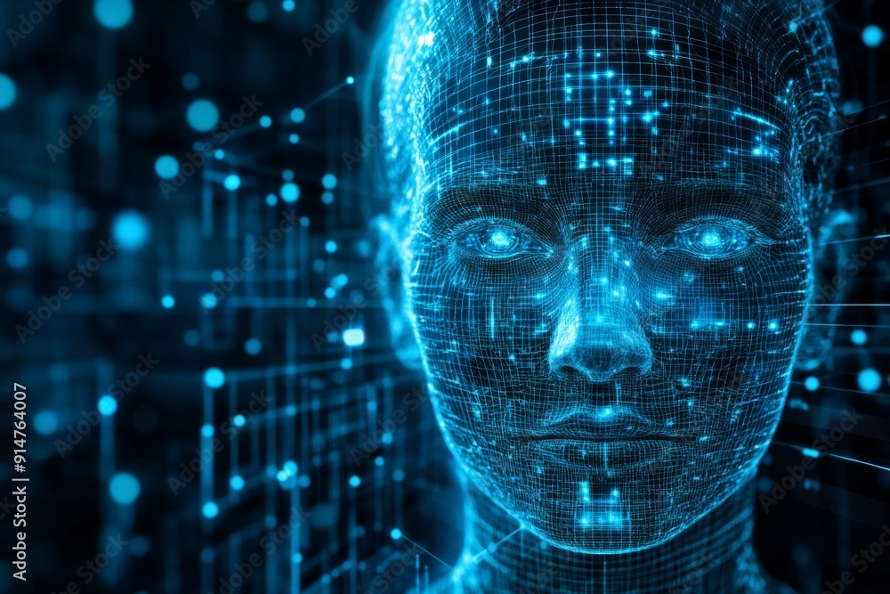 Aufkleber blue cybernetic face network depicting advanced ai connectivity and data flow