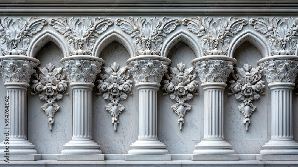 Poster a row of white pillars with intricate carvings on them. the pillars are arranged in a way that creat