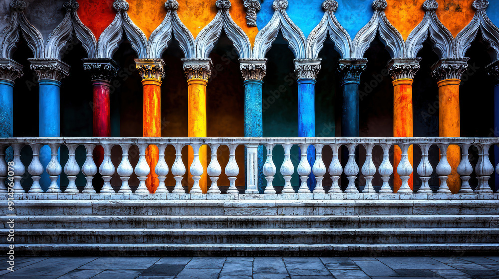 Poster a colorful archway with a white railing. the archway is colorful and has a unique design