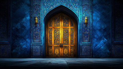 A blue door with gold trim is open