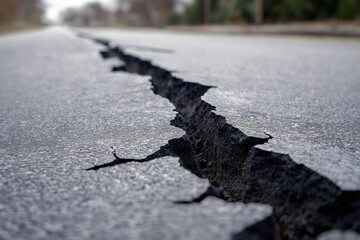 ひび割れたアスファルトの道路。地震の被害のイメージ。背景写真。