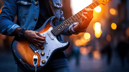 Fototapeta premium A man is playing a guitar on a street. The image has a mood of relaxation and enjoyment, as the man is strumming the strings and creating music. The street setting adds to the casual atmosphere