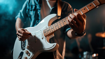 Obraz premium A man playing a white guitar with a strap on his shoulder