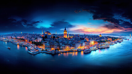 Fototapeta premium A city with a large tower in the middle and a large body of water. The sky is blue and the sun is setting