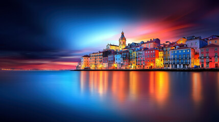 Fototapeta premium A city with a large building in the middle and a body of water in the background. The water is reflecting the buildings and the sky