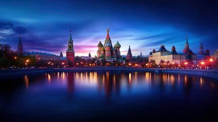 Obraz premium A beautiful city with a large cathedral and a large body of water. The water is reflecting the lights of the city, creating a serene and peaceful atmosphere