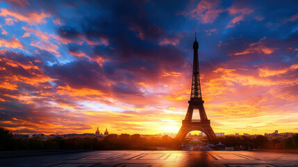 The Eiffel Tower is lit up against a beautiful sunset sky. The scene is serene and peaceful, with the tower standing tall and proud in the distance