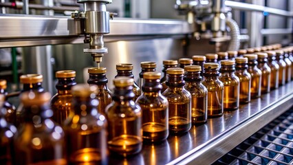 Medical vials on production line at pharmaceutical factory, Pharmaceutical machine working pharmaceutical glass bottles production line