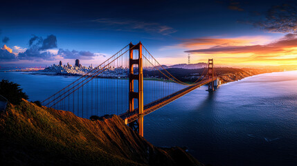 Fototapeta premium A bridge spans the bay between the city of San Francisco and the city of Oakland. The bridge is illuminated by the setting sun, creating a warm and serene atmosphere