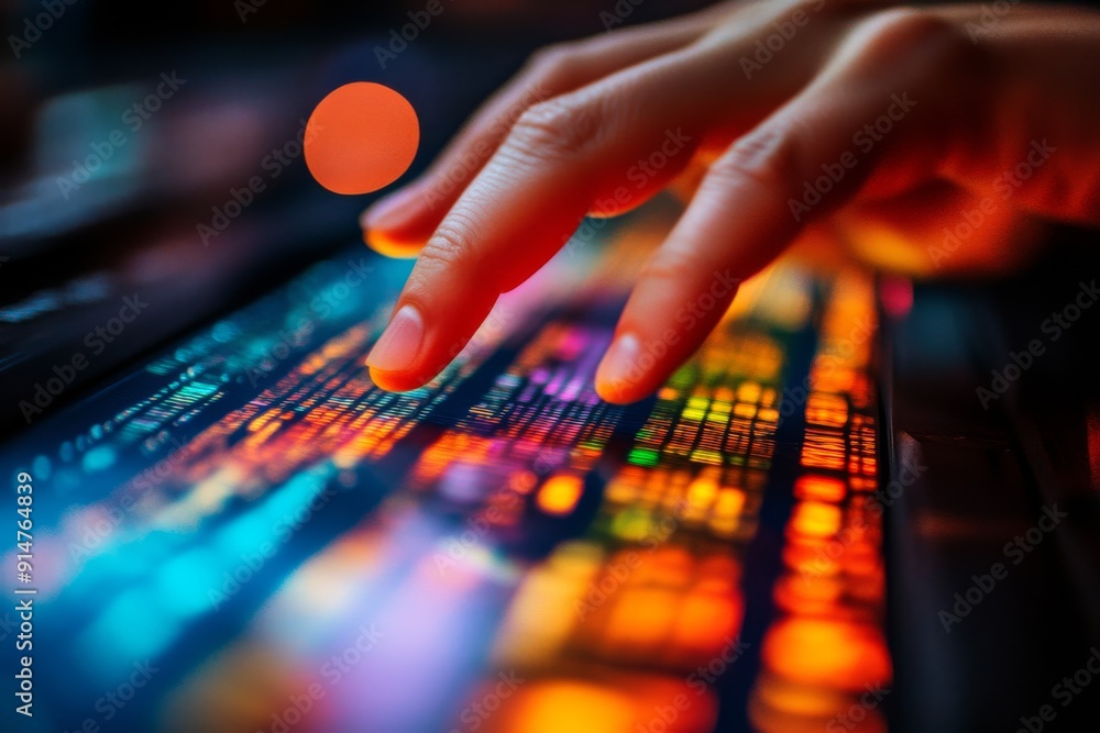 Poster human hand interacting with vibrant digital interface illustrating the tactile connection between us