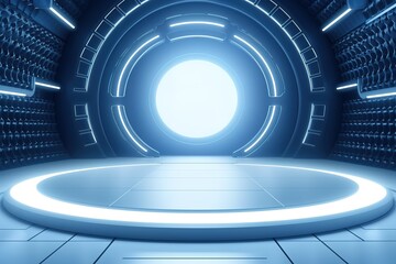 Obraz premium Futuristic blue circular platform with glowing light in a dark room.