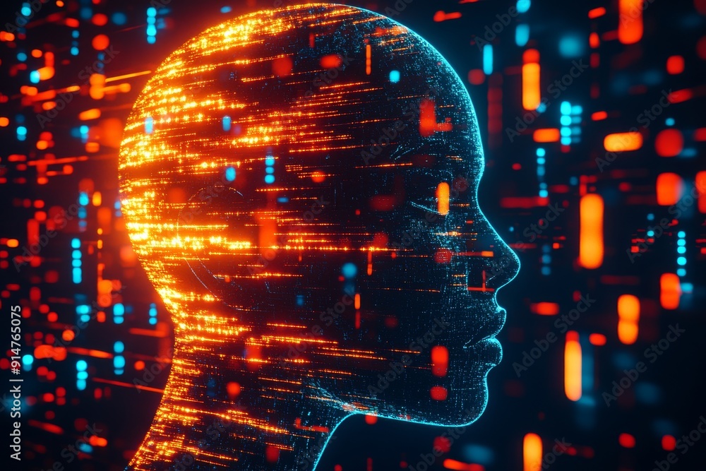 Poster cybernetic head profile in glowing neon illustrating advanced data processing and ai capabilities