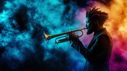 Obraz premium A man playing a trumpet in front of a colorful background. The background is a mix of blue, purple, and orange. The man is wearing a black suit and has a beard. Concept of energy and excitement