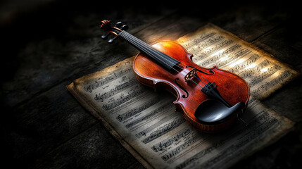 Naklejka premium A violin is on top of sheet music. The sheet music is old and has a worn look to it