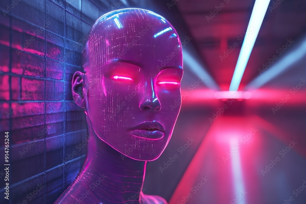Poster red neon lit ai head in dynamic motion portraying advanced machine intelligence in action