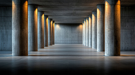 A long, empty hallway with pillars on either side