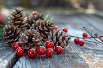 Rustic Christmas Decor with Pinecones and Red Berries on a Wooden Background for a Cozy Holiday Atmosphere