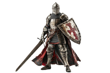 Obraz premium A knight in full armor stands in front of a shield with a red cross on it