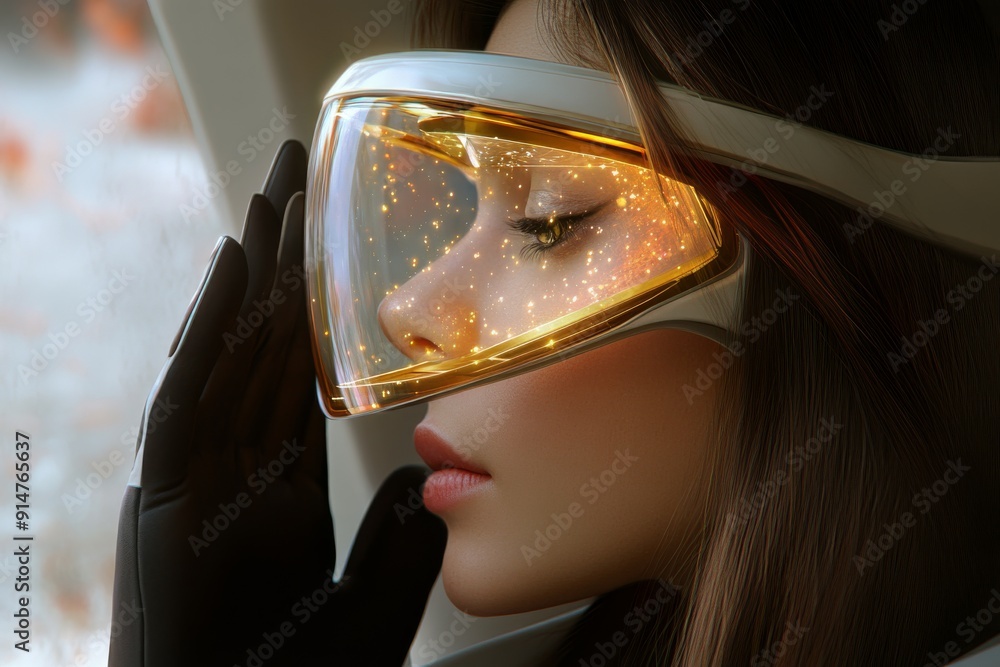 Poster woman wearing futuristic augmented reality visor exploring virtual worlds and interactive environmen