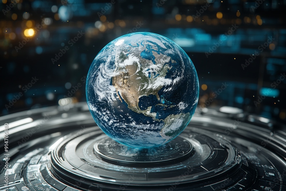 Poster earth hologram floating above high tech surface visualizing global connectivity and digital globaliz