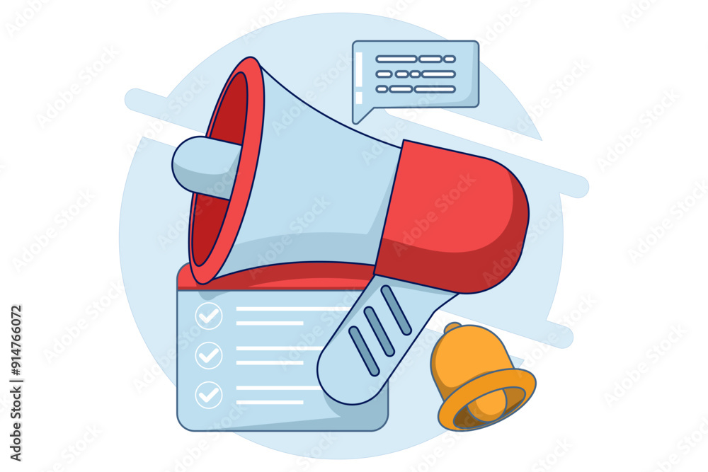 Aufkleber concept of notification via call. megaphone and pop-up tooltips, alert notifications, new important 
