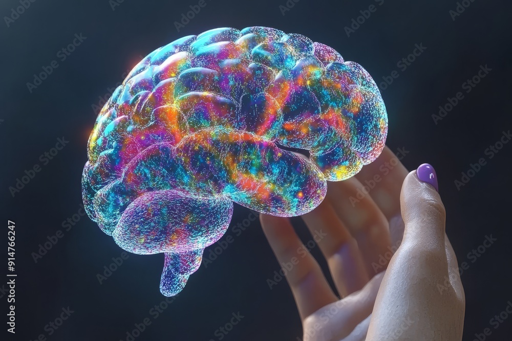 Poster neon lit brain model showcasing neural connections and cognitive functions illustrating advanced neu