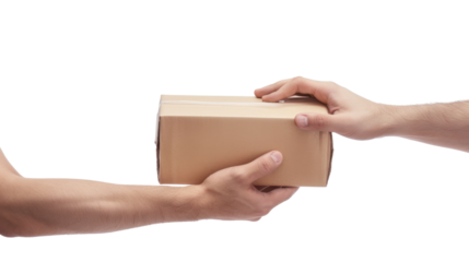 Delivery man hand handling package to customer hand on transparent background