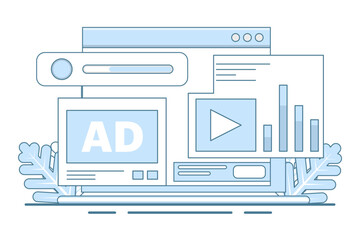 Social media analysis concept, Monitoring content performance on social media, Advertising campaign analysis report with graphs and charts, flat vector illustration on background.