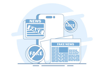fake news concept, fake information in online news, Press, junk news content, Disinformation in newspapers, fake news online, false information, hoaxes in social media, flat vector illustration.