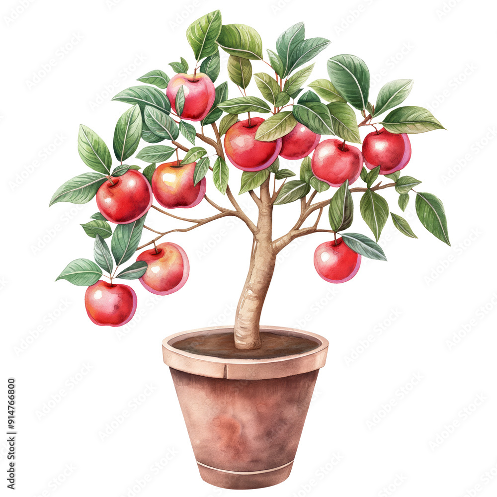 Canvas Prints red apple tree in pot illustration isolated on transparent white background, clipping path