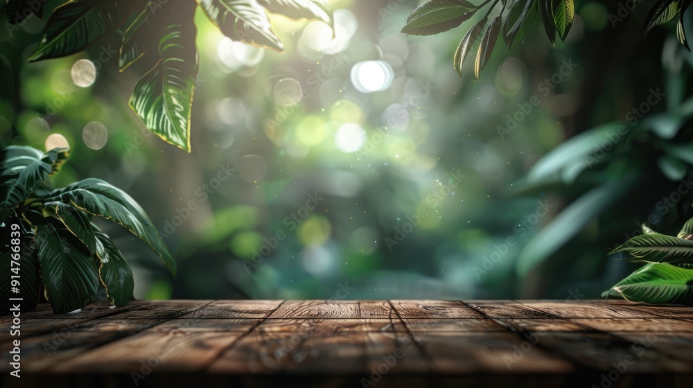 Wall mural Tropical Forest Bokeh Light Mockup: Dark Wood Table (Bar) with Blurred Green Leaves in Background