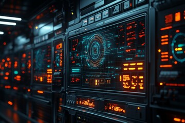 Fototapeta premium Network server room with dynamic interface screens depicting active data management and cybersecurity operations