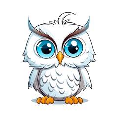 Fototapeta premium Cartoon White Owl With Big Blue Eyes Standing Against White Background