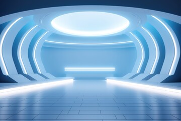 Obraz premium Futuristic blue corridor with glowing lines.