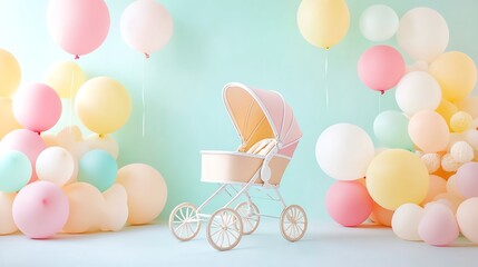 Charming baby stroller surrounded by pastel balloons, perfect for celebrating new arrivals and joyful moments.