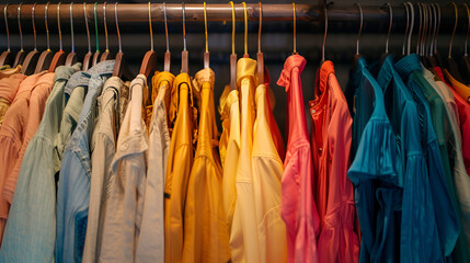 Colorful clothes on racks in a fashion boutique,fashionable sale retail style woman market wear design collection dress 