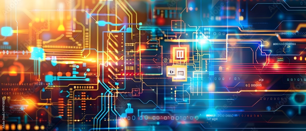 Poster abstract technology background with circuit board and binary code.