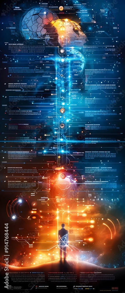 Poster digital abstract illustration of a man standing in front of a broken earth globe with data and tech 